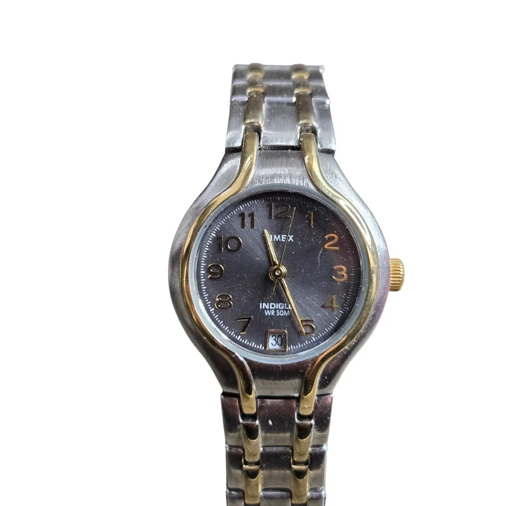 Timex Indiglo T2K951 Women Watch Silver Gold Tone Stainless Steel Quartz Tested